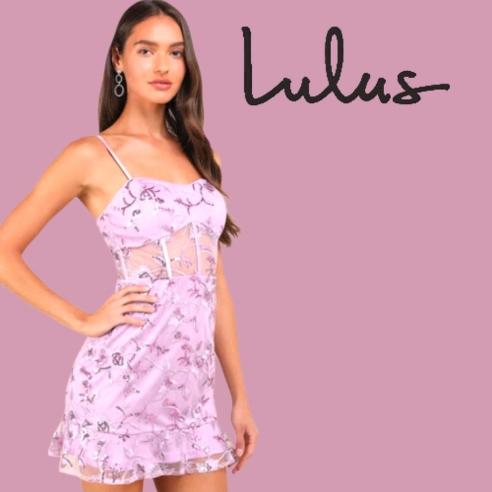 Lulus Glittering Delight Lavender/Purple Mesh Sequin Embroider Minidress  NWT SM